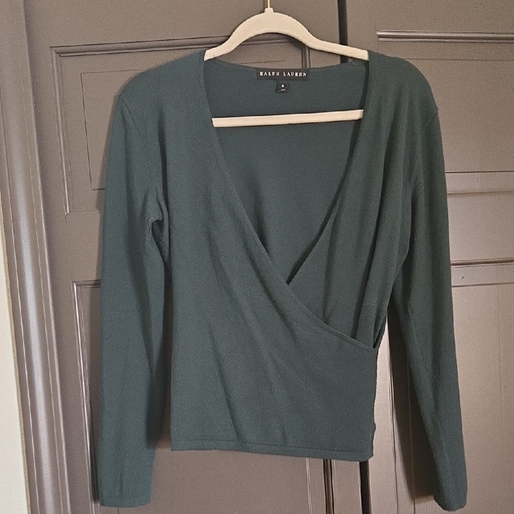 Ralph Lauren Forest Green V-Neck Top 100% Cashmere